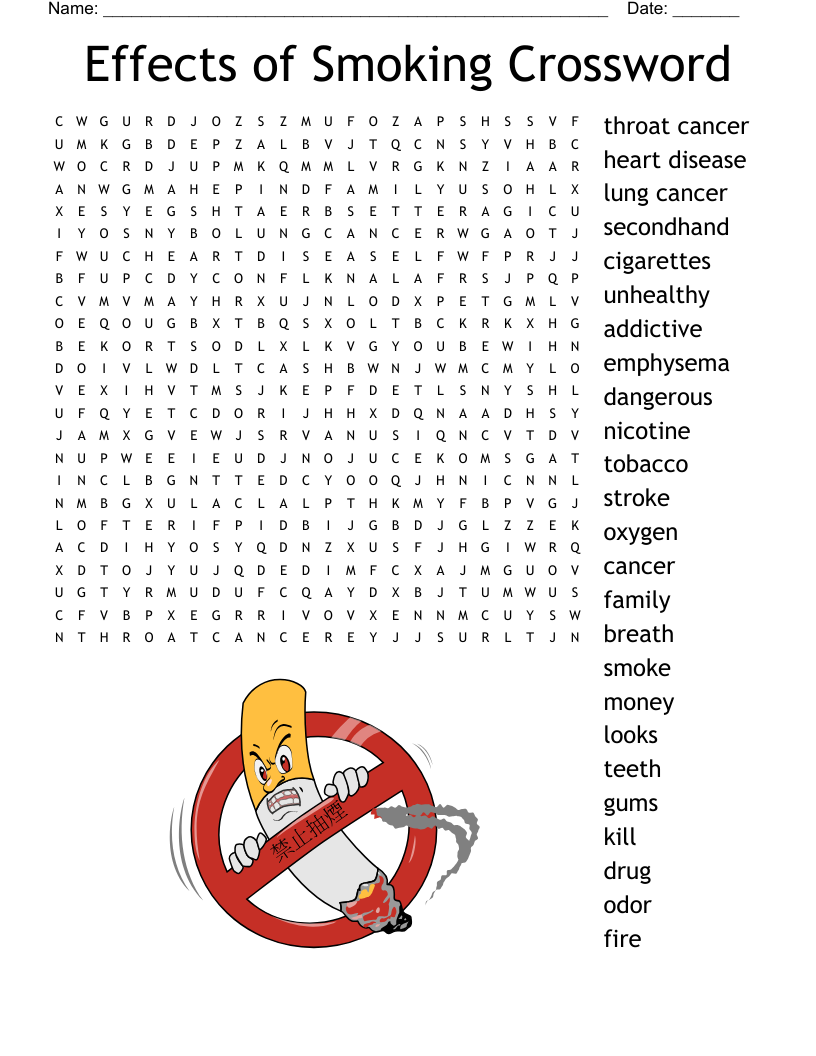 Effects of Smoking Crossword Word Search