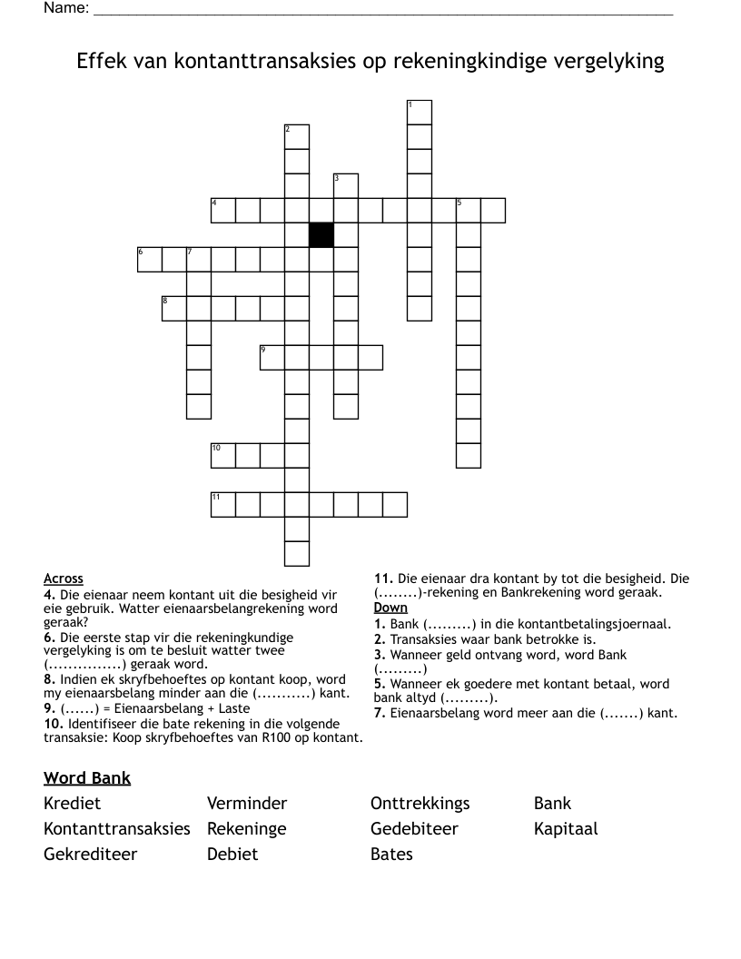 Effek van kontanttransaksies op rekeningkindige vergelyking Crossword