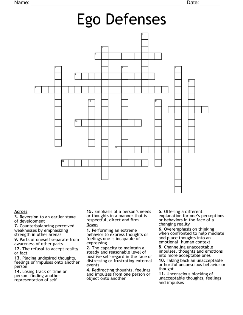 Ego Defenses Crossword
