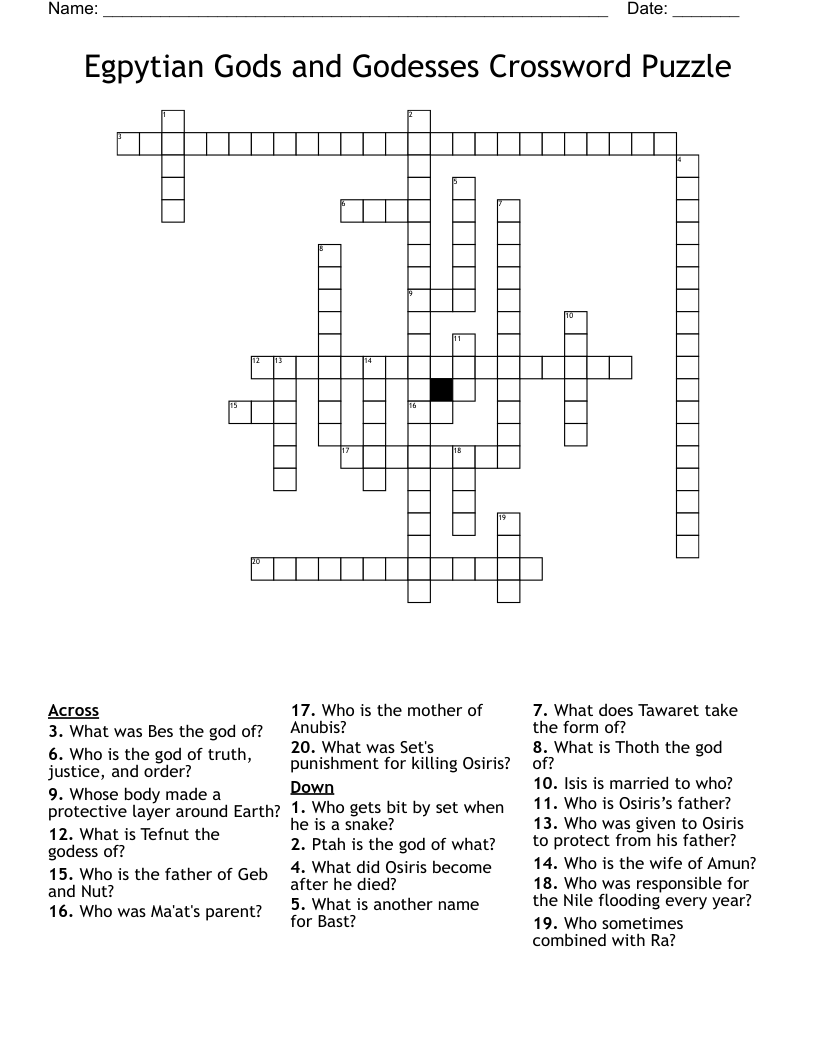 Egpytian Gods and Godesses Crossword Puzzle