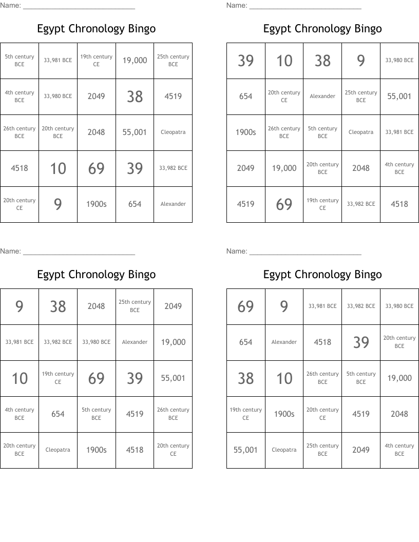 Egypt Chronology Bingo