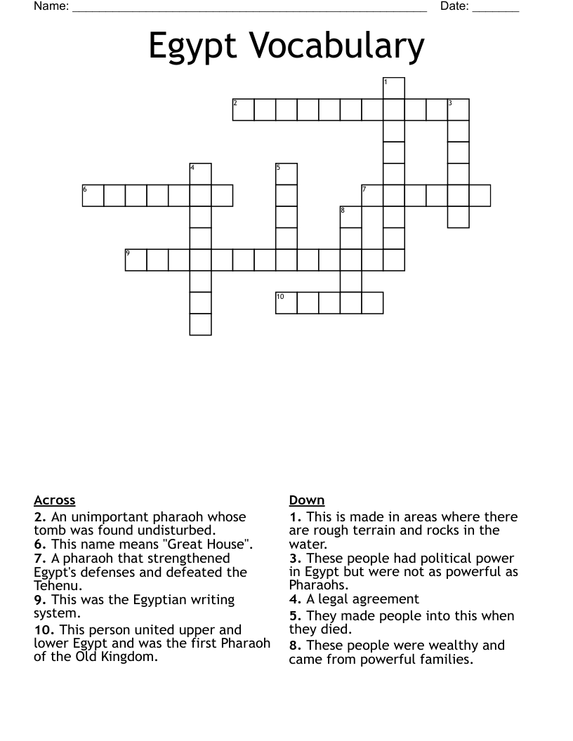 Egypt Vocabulary Crossword