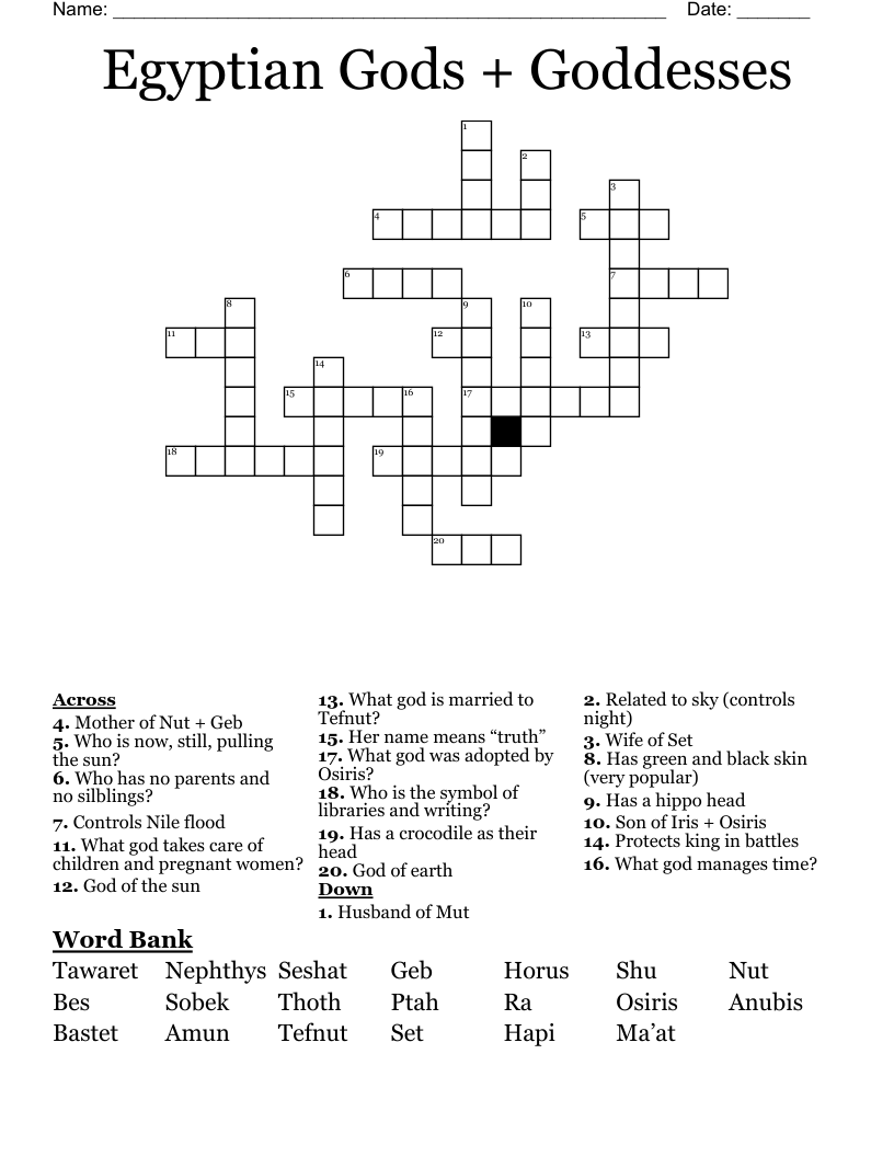 Egyptian Gods + Goddesses Crossword