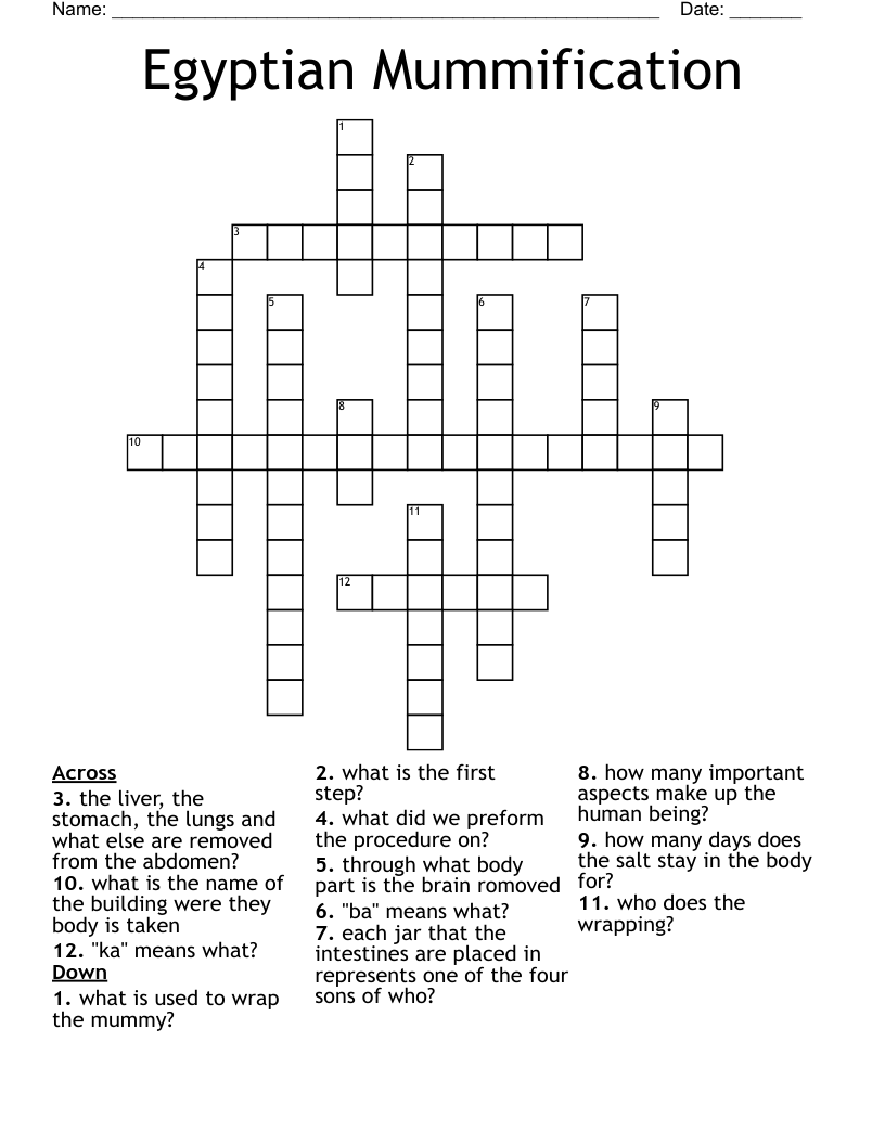 Egyptian Mummification Crossword