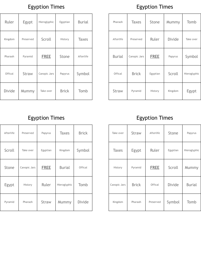 Egyption Times Bingo Cards