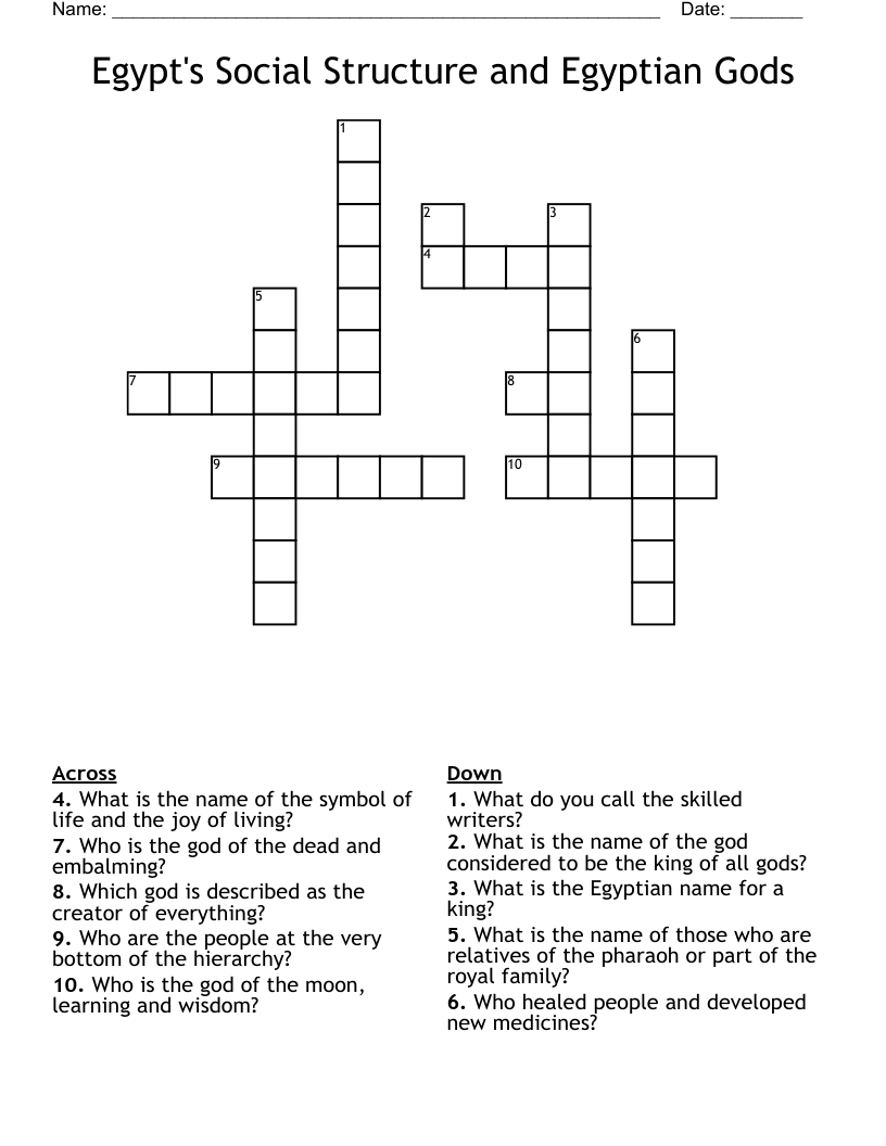 Egypt's Social Structure and Egyptian Gods Crossword