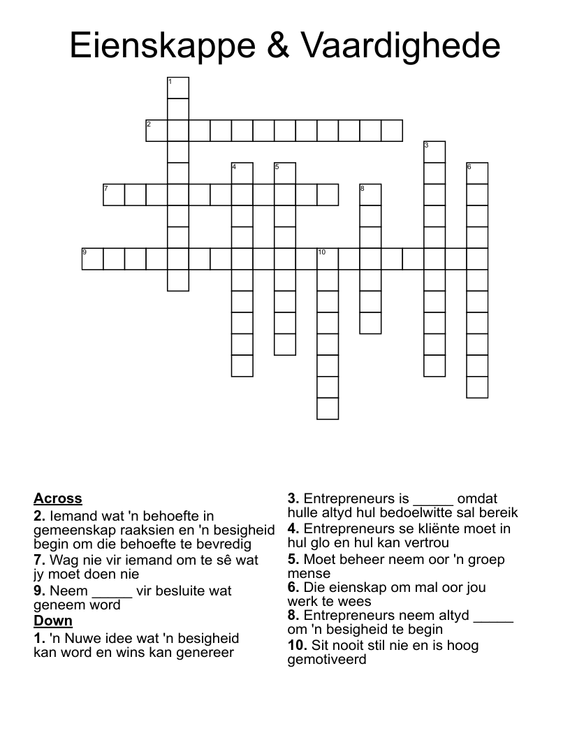 Eienskappe & Vaardighede Crossword