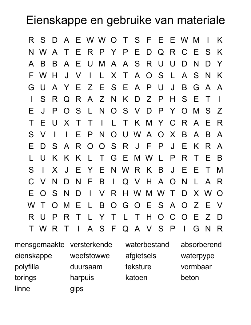 Eienskappe en gebruike van materiale Word Search