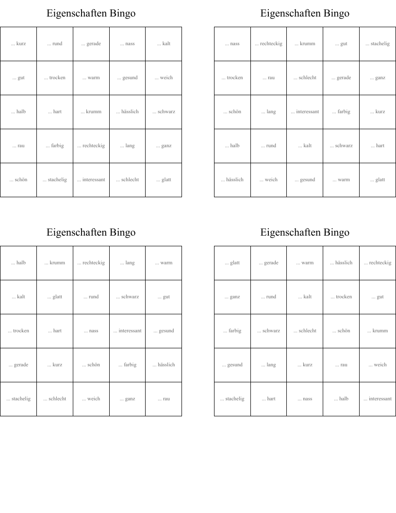Eigenschaften Bingo
