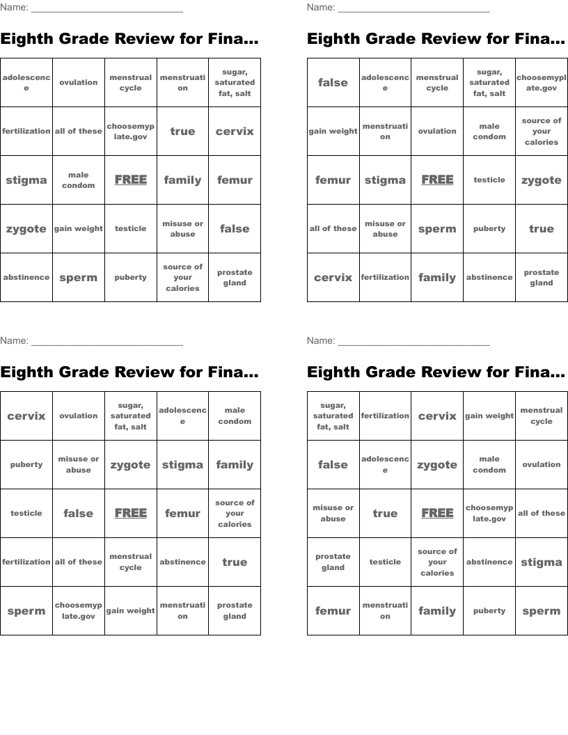 Eighth Grade Review for Final Exam Bingo Cards