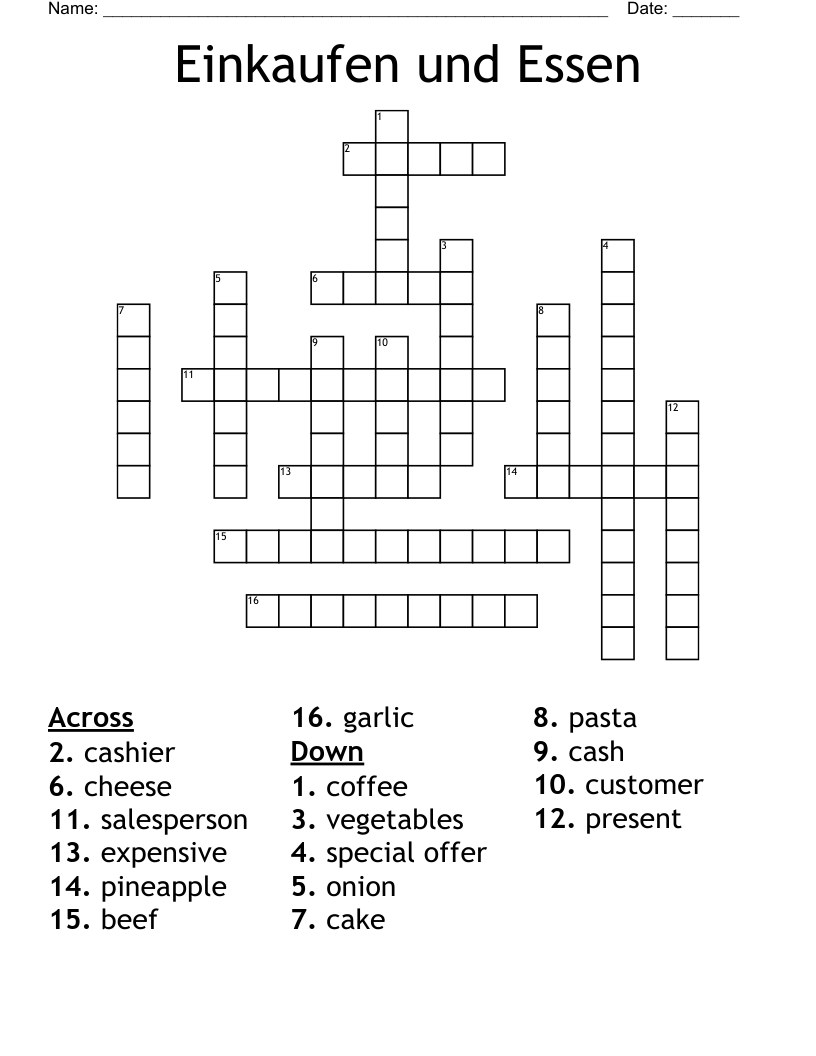Einkaufen und Essen Crossword