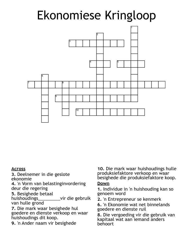 Ekonomiese Kringloop Crossword