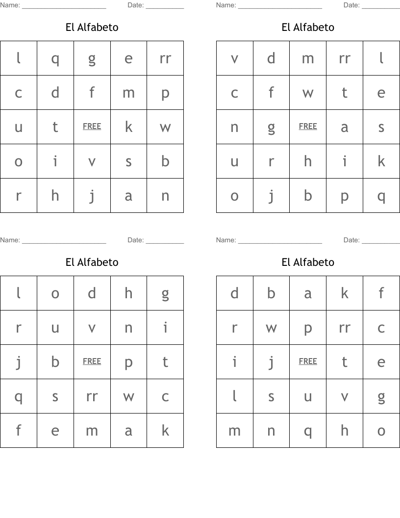 El Alfabeto Bingo Cards