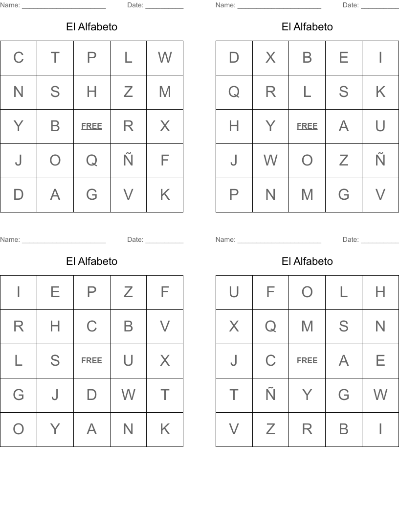 El Alfabeto Bingo Cards
