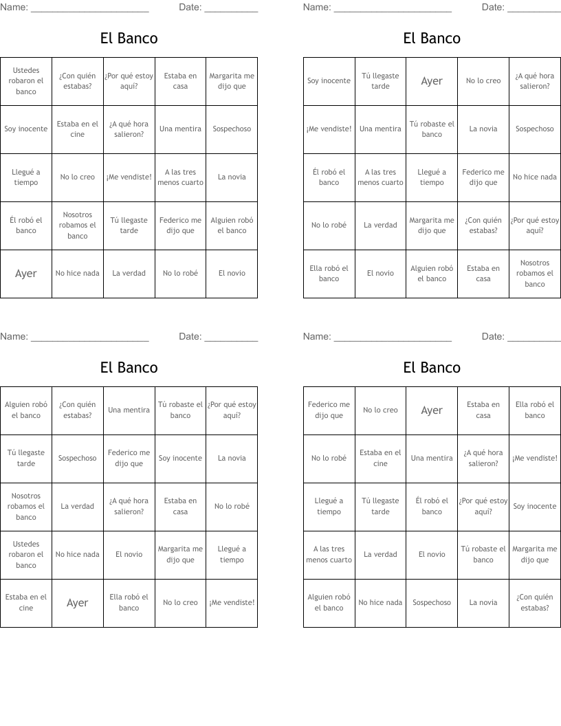 El Banco Bingo Cards