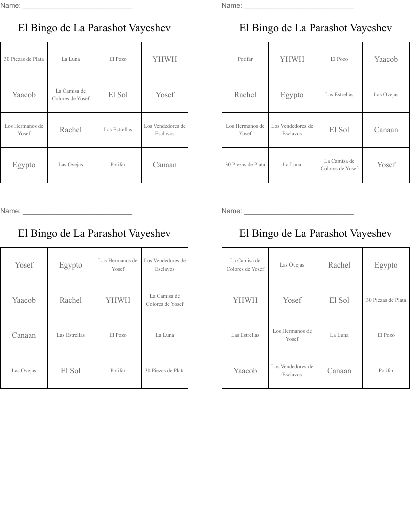 El Bingo de La Parashot Vayeshev