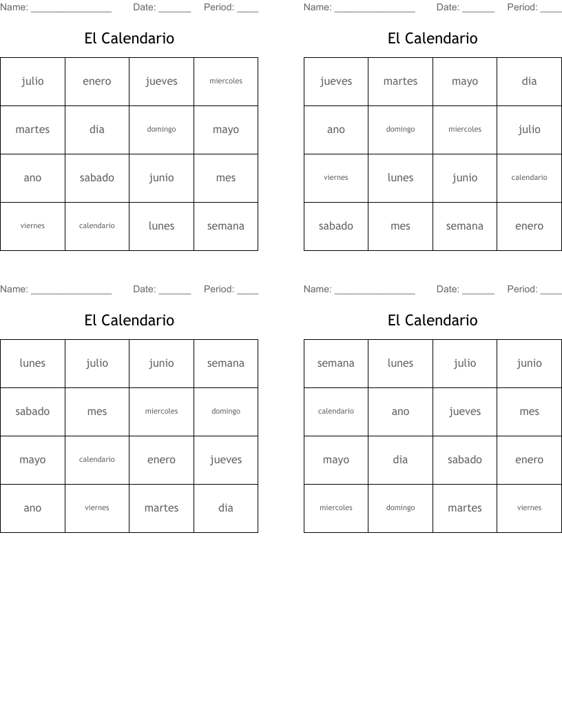 El Calendario Bingo Cards