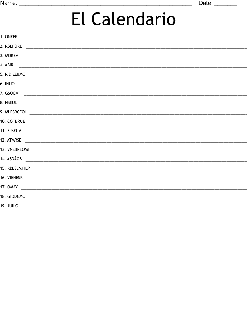 El Calendario Word Scramble