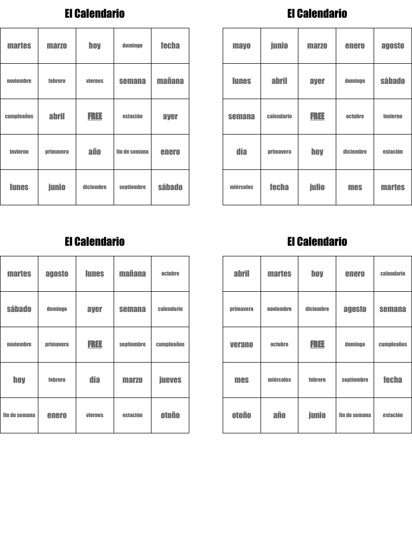 El Calendario Bingo Cards