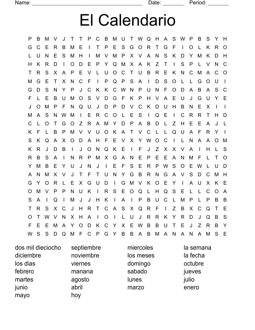 El Calendario Word Search