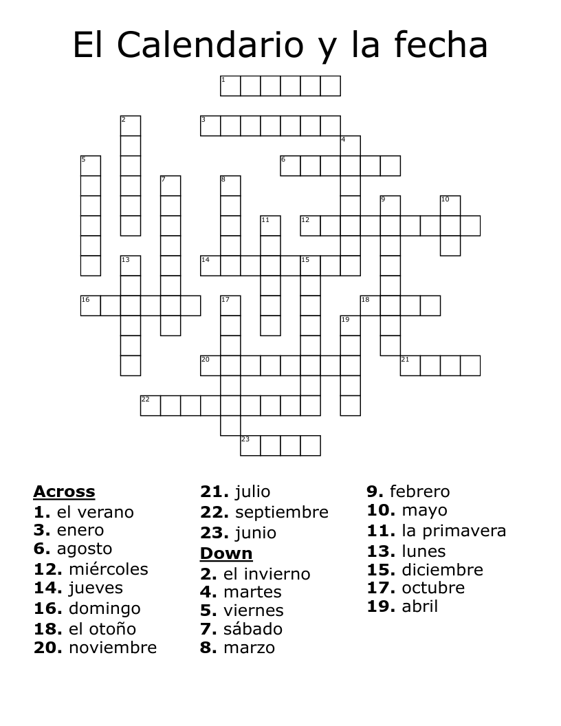 El Calendario y la fecha Crossword