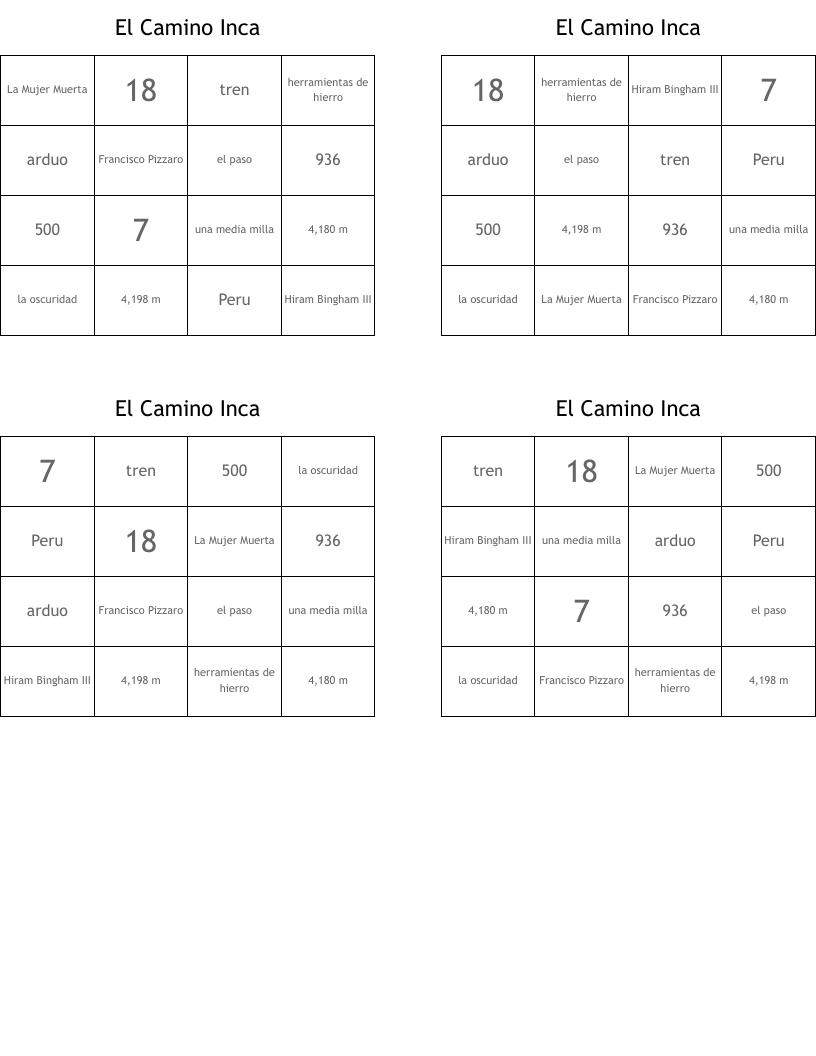 El Camino Inca Bingo Cards