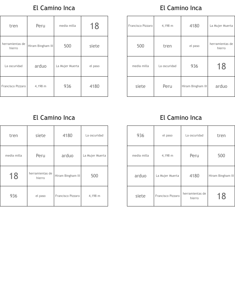 El Camino Inca Bingo Cards