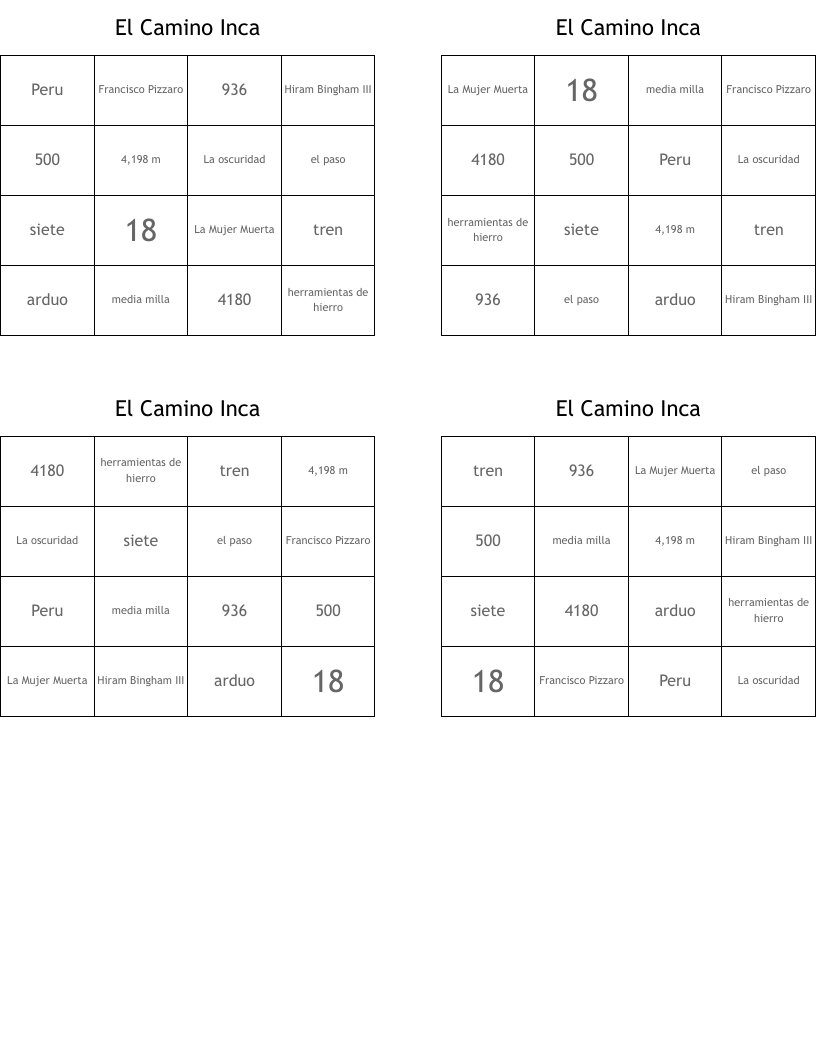 El Camino Inca Bingo Cards