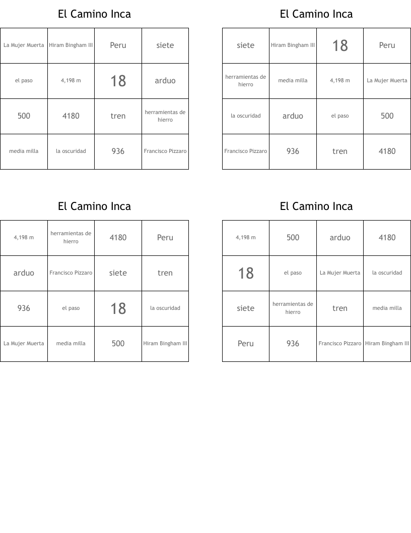 El Camino Inca Bingo Cards