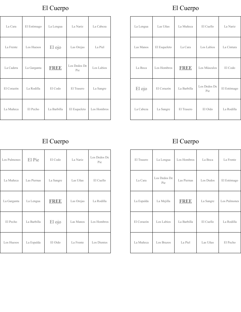 El Cuerpo Bingo Cards