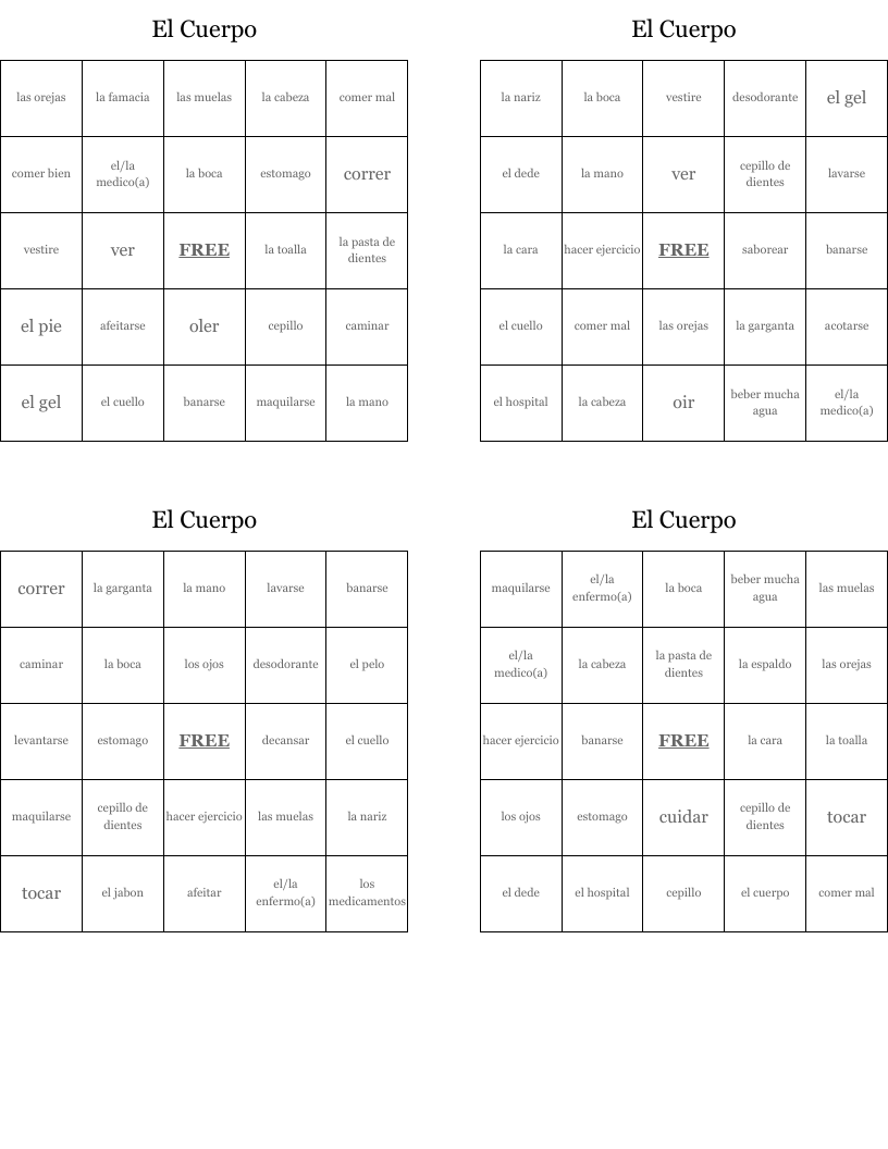 El Cuerpo Bingo Cards