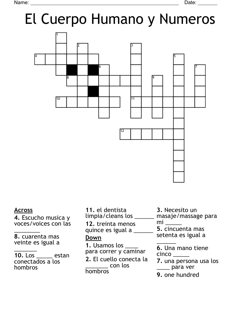 El Cuerpo Humano y Numeros Crossword