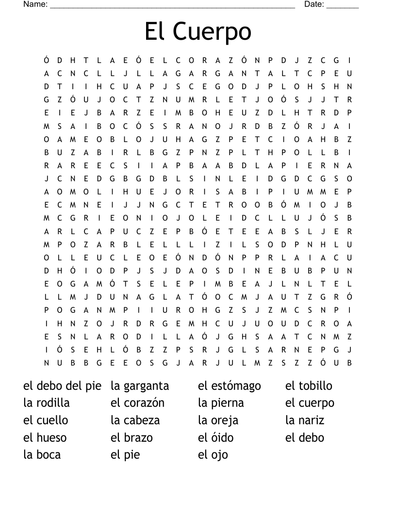 El Cuerpo  Word Search