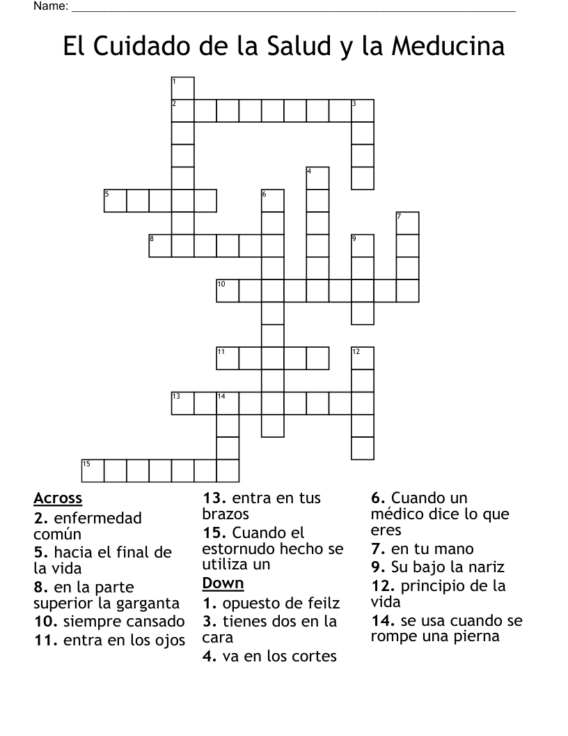 El Cuidado de la Salud y la Meducina  Crossword