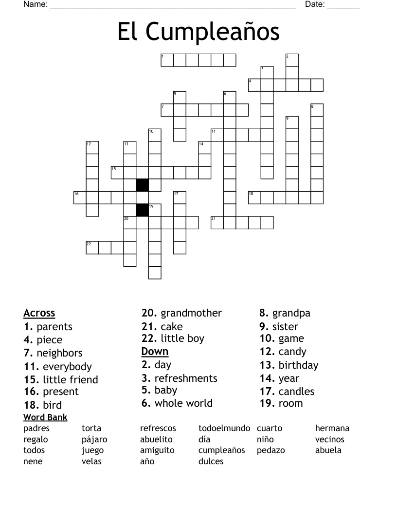 El Cumpleaños Crossword