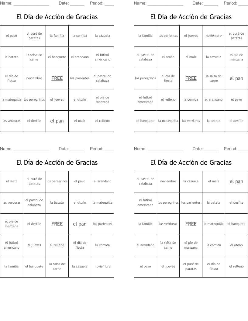 El Día de Acción de Gracias Bingo Cards
