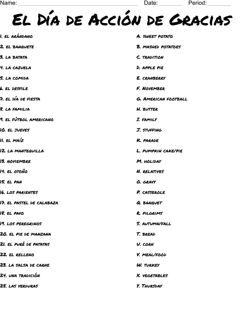 El Día de Acción de Gracias Worksheet