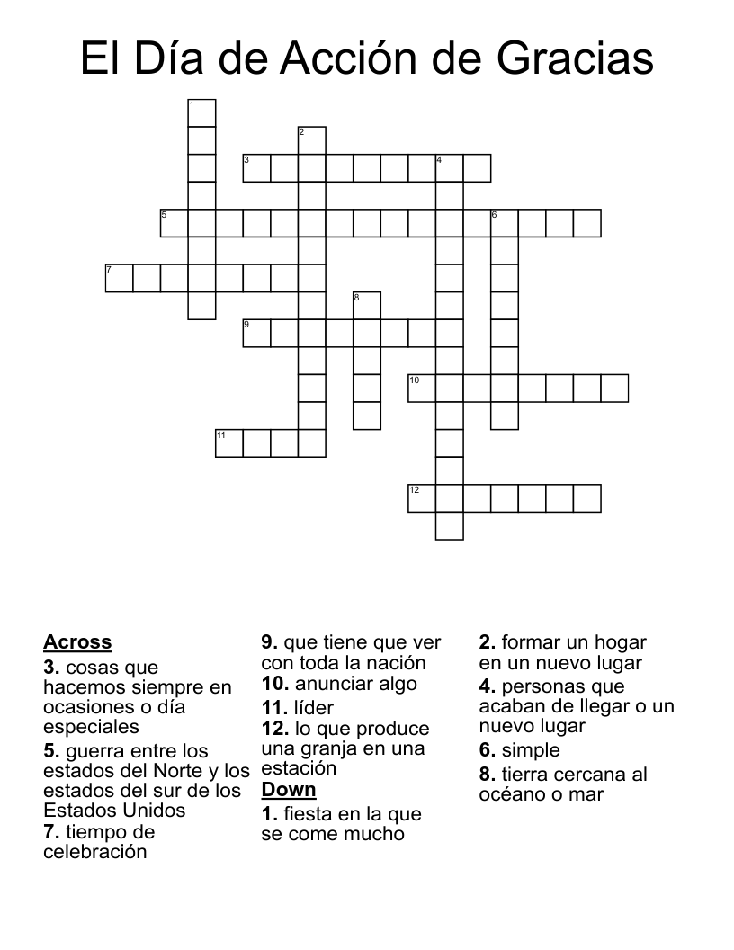 El Día de Acción de Gracias Crossword