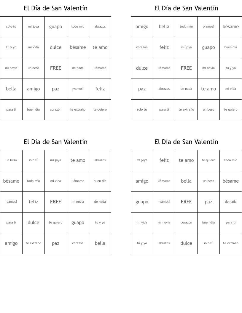 El Día de San Valentín Bingo Cards