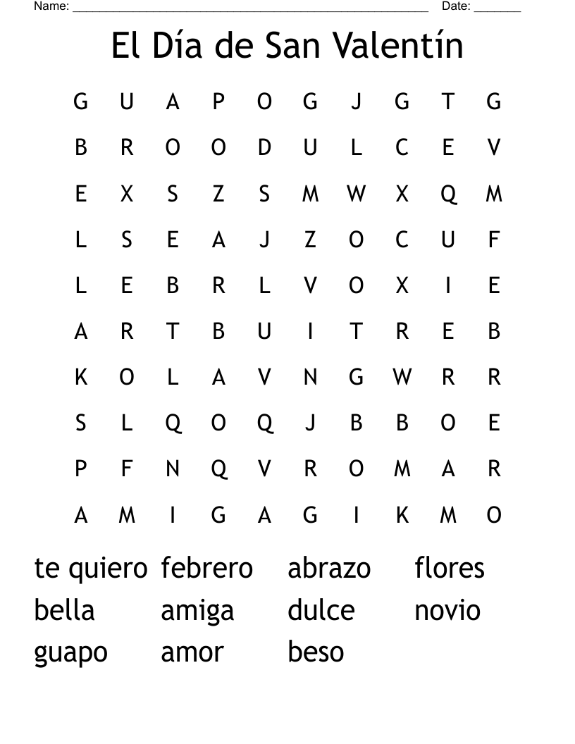 El Día de San Valentín  Word Search
