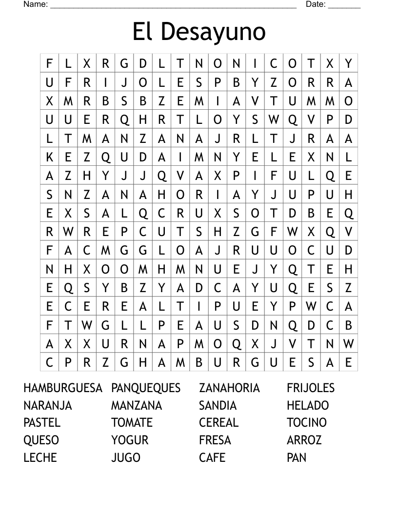 El Desayuno Word Search