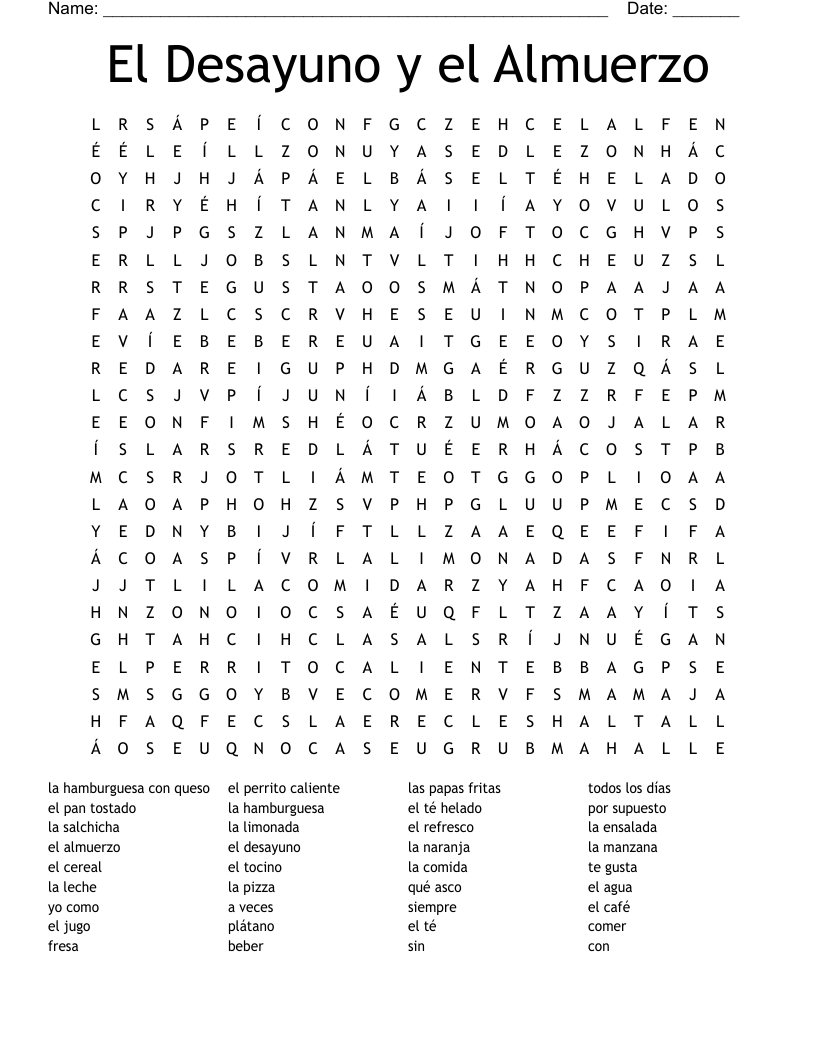 El Desayuno y el Almuerzo Word Search