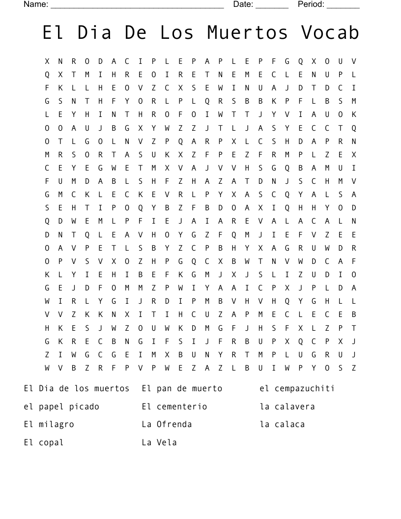 El Dia De Los Muertos Vocab Word Search