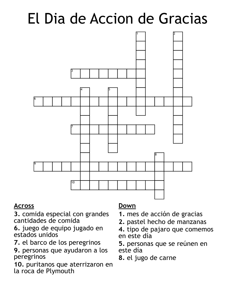 El Dia de Accion de Gracias Crossword