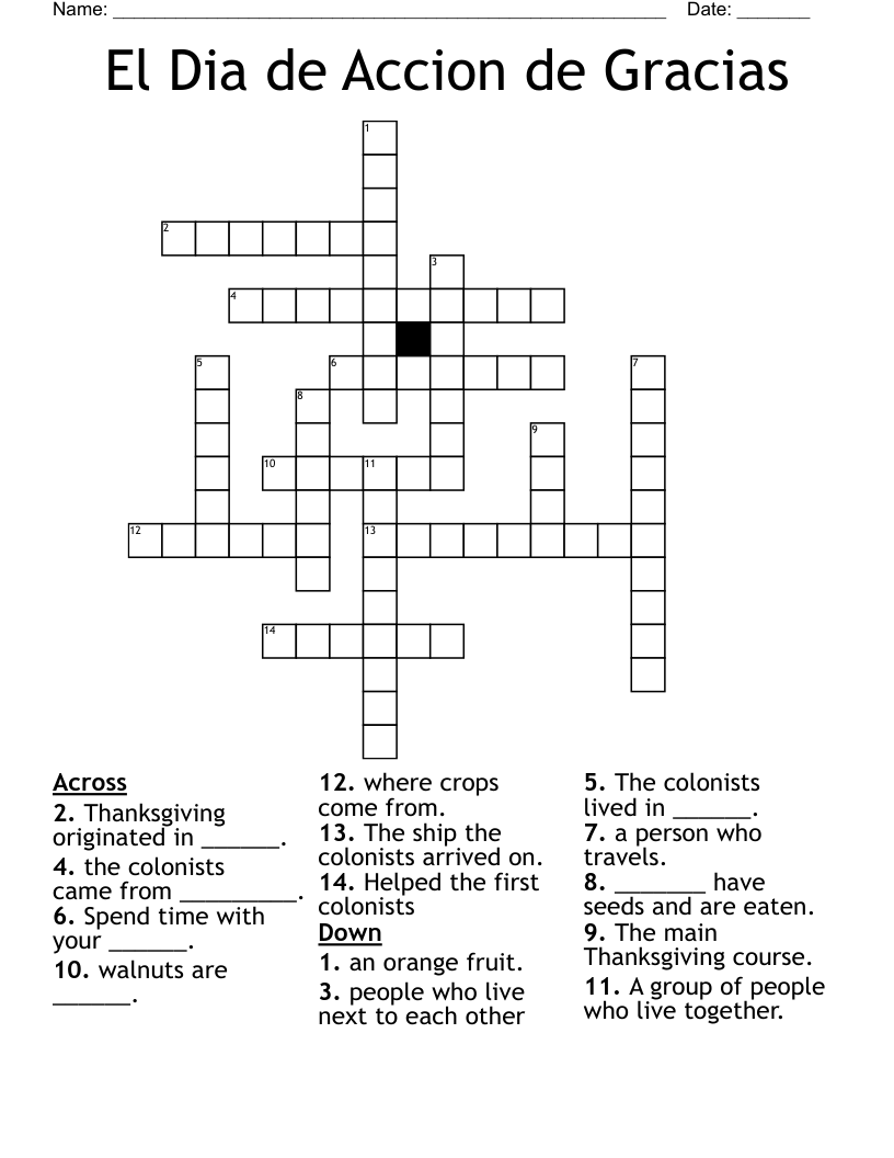 El Dia de Accion de Gracias Crossword