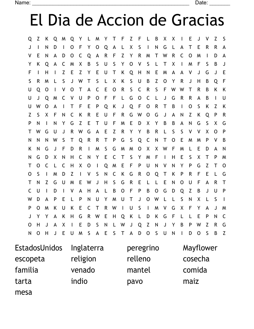 El Dia de Accion de Gracias Word Search