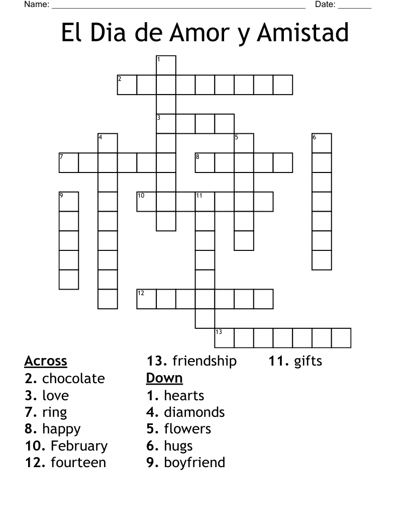El Dia de Amor y Amistad Crossword