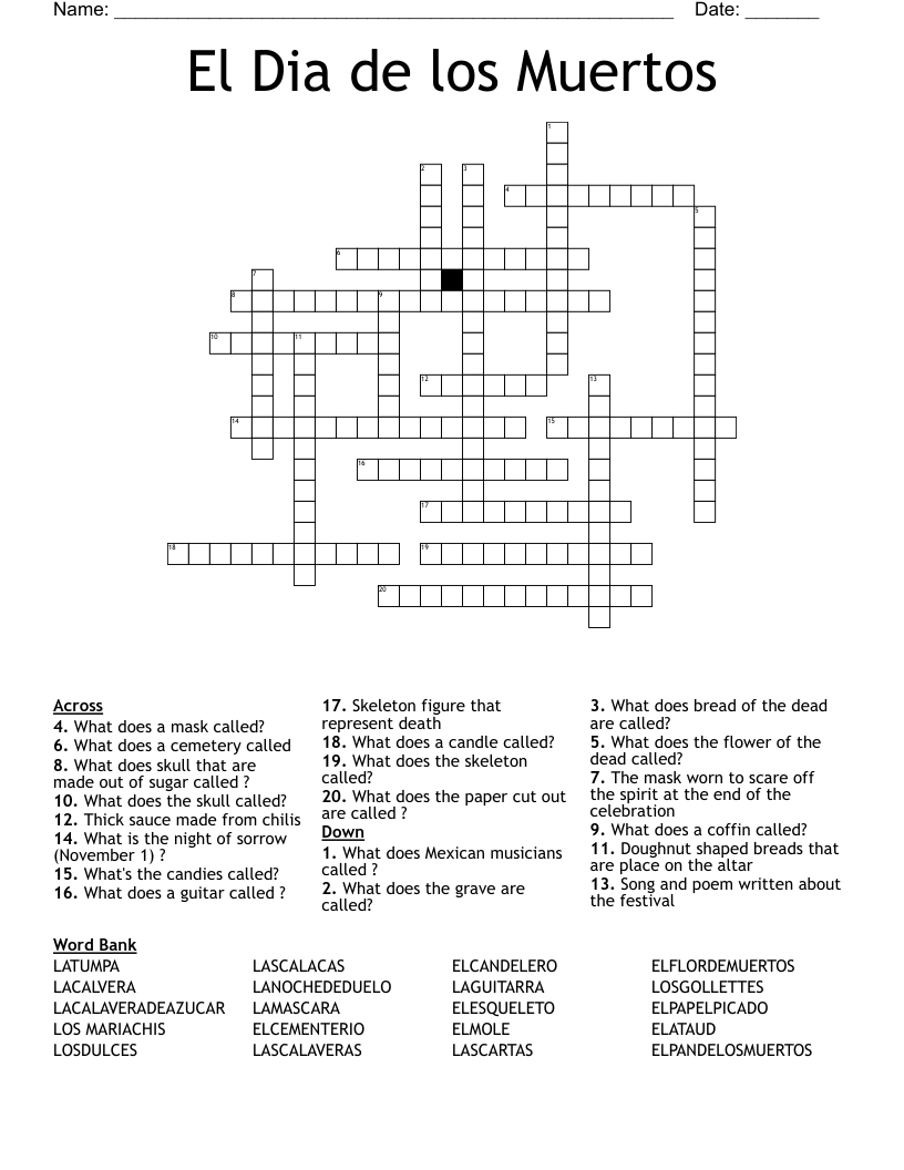 El Dia de los Muertos Crossword