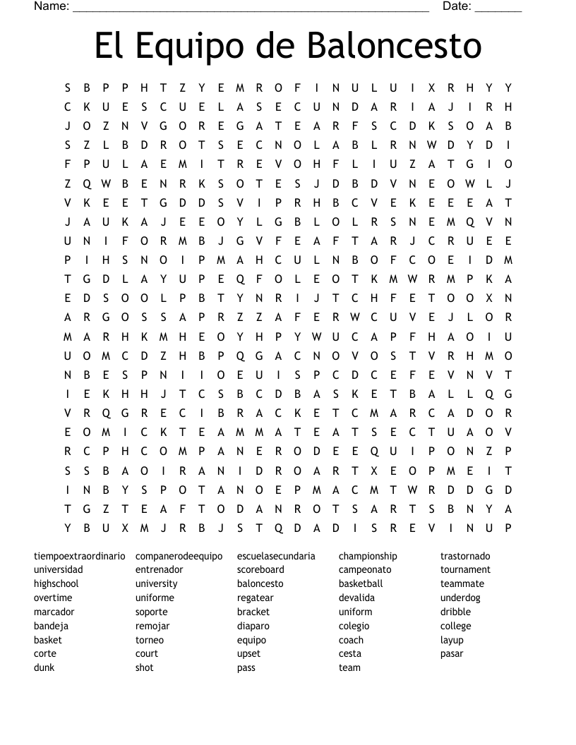 El Equipo de Baloncesto Word Search
