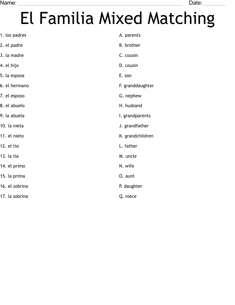 El Familia Mixed Matching Worksheet